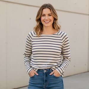 Coldwater Creek Crewneck Sweatshirt 100% Cotton Cream Stripe Women sz XL 16